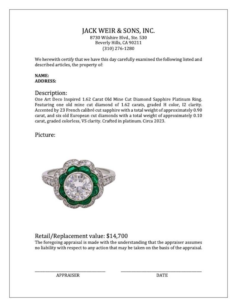Art Deco Inspired 1.33 Carat Round Brilliant Cut Diamond Emerald Platinum Ring For Sale 3