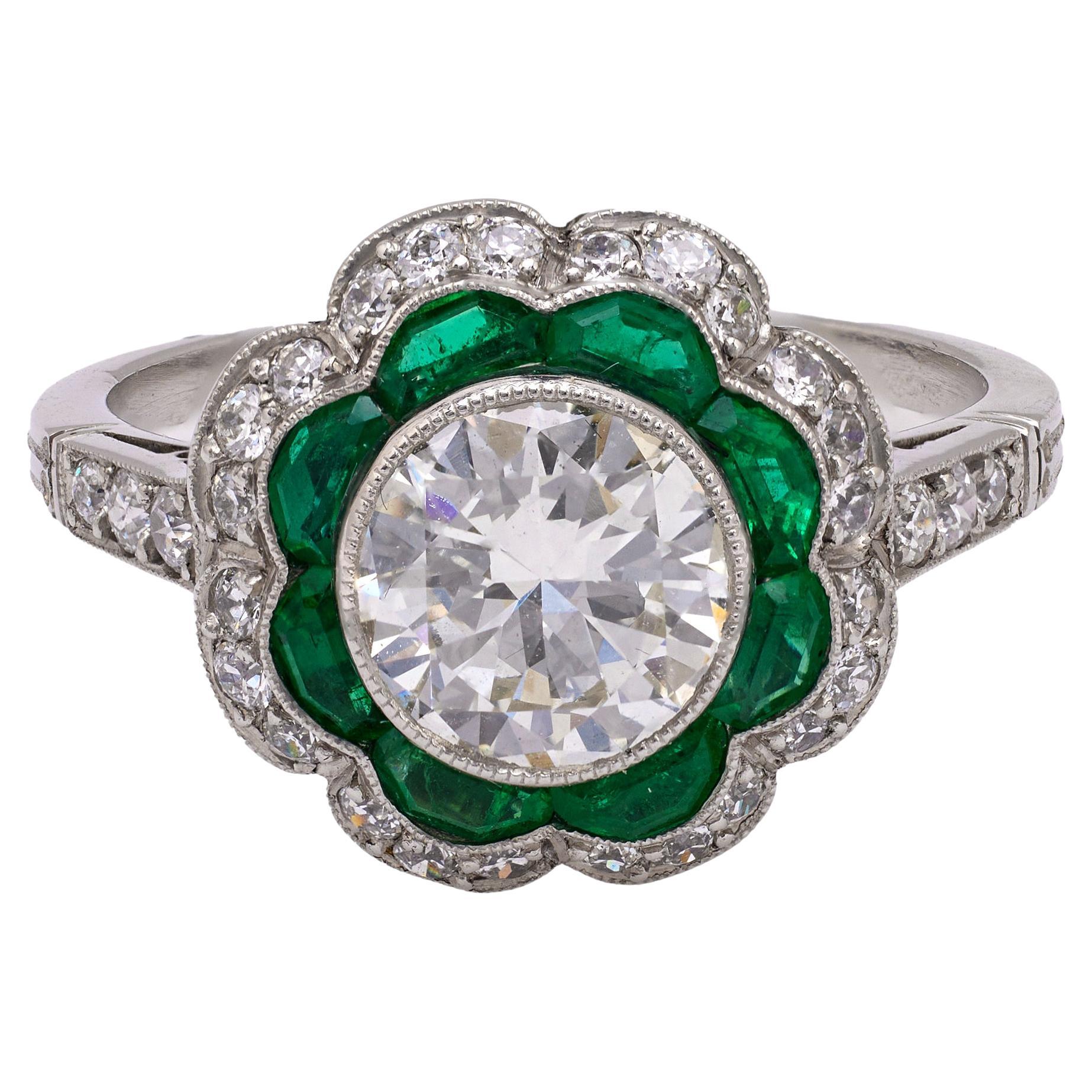 Art Deco Inspired 1.33 Carat Round Brilliant Cut Diamond Emerald Platinum Ring For Sale