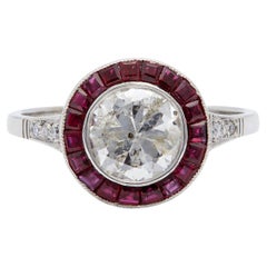 Art Deco Inspired 1.33 Carat Round Brilliant Diamond Ruby Platinum Target Ring