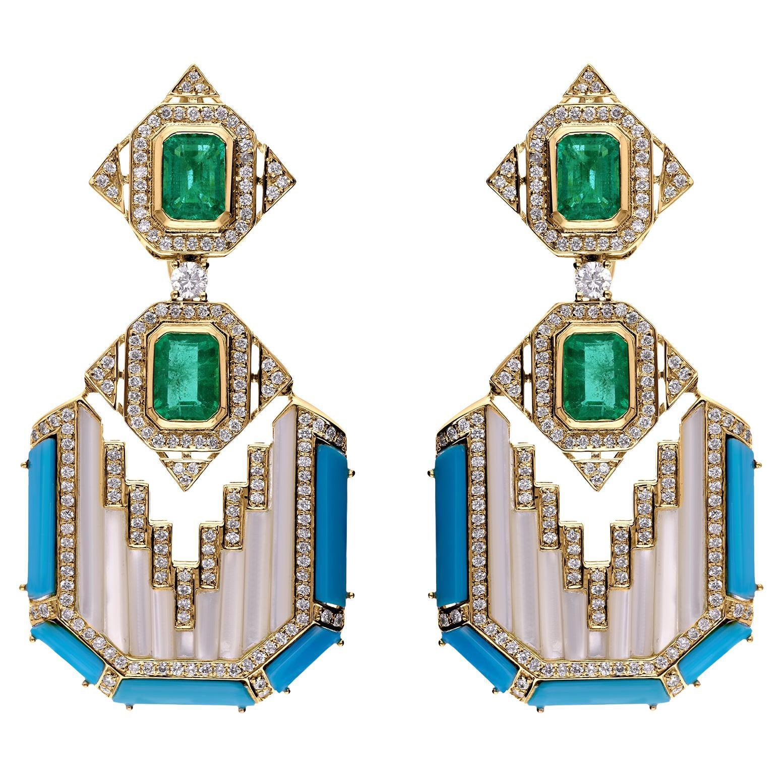 Art Deco inspiriert 13,58 Ct Edelstein Diamant 14K Gelbgold Aussage Ohrringe