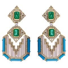 Art Deco Inspired 13.58 Ct Gemstone Diamond 14K Yellow Gold Statement Earrings