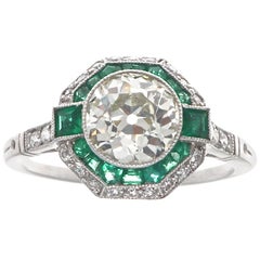 Art Deco Inspired 1.40 Carat Old European Cut Diamond Emerald Platinum Ring