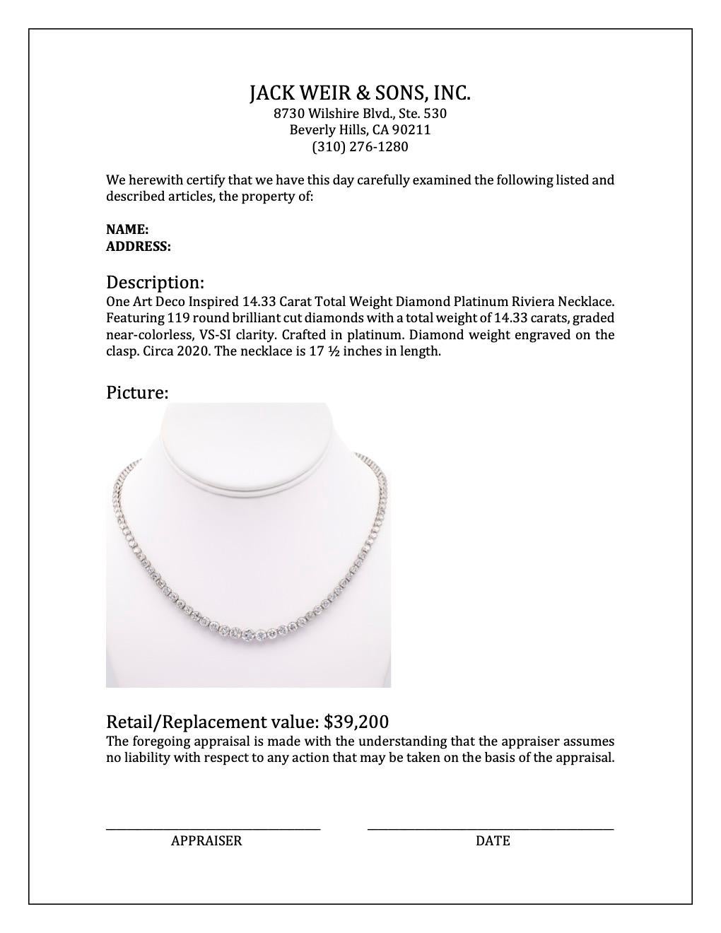 Art Deco Inspired 14.33 Carat Total Weight Diamond Platinum Riviera Necklace 2