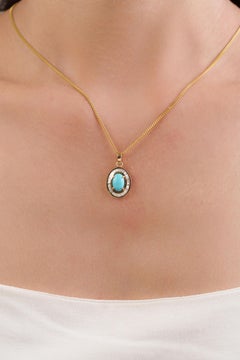 Art Deco Inspired 1.43ct Turquoise & Baguette Diamond Halo Pendant in 14K Gold