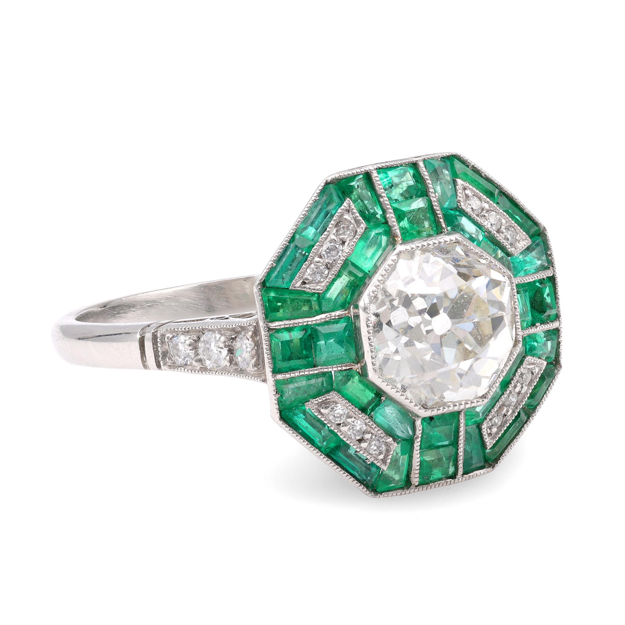Old Mine Cut Art Deco Inspired 1.45 Carat Diamond Emerald Platinum Ring For Sale