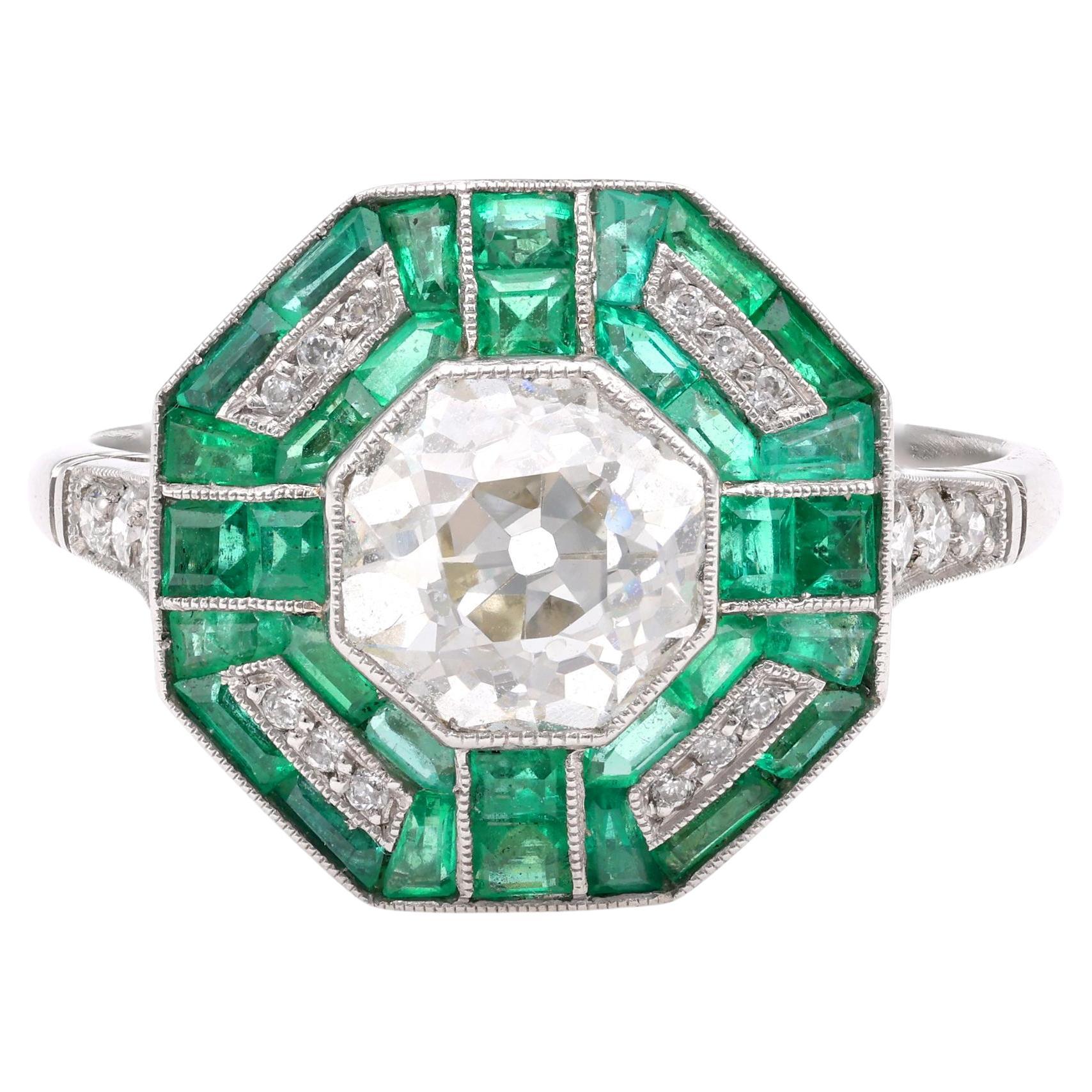 Art Deco Inspired 1.45 Carat Diamond Emerald Platinum Ring