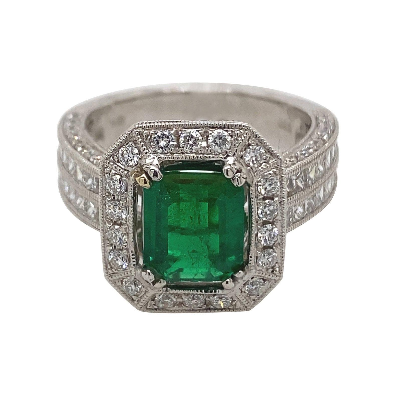 Art Deco Inspired 1.45 Carat Emerald with Diamond Ring 18 Karat White Gold