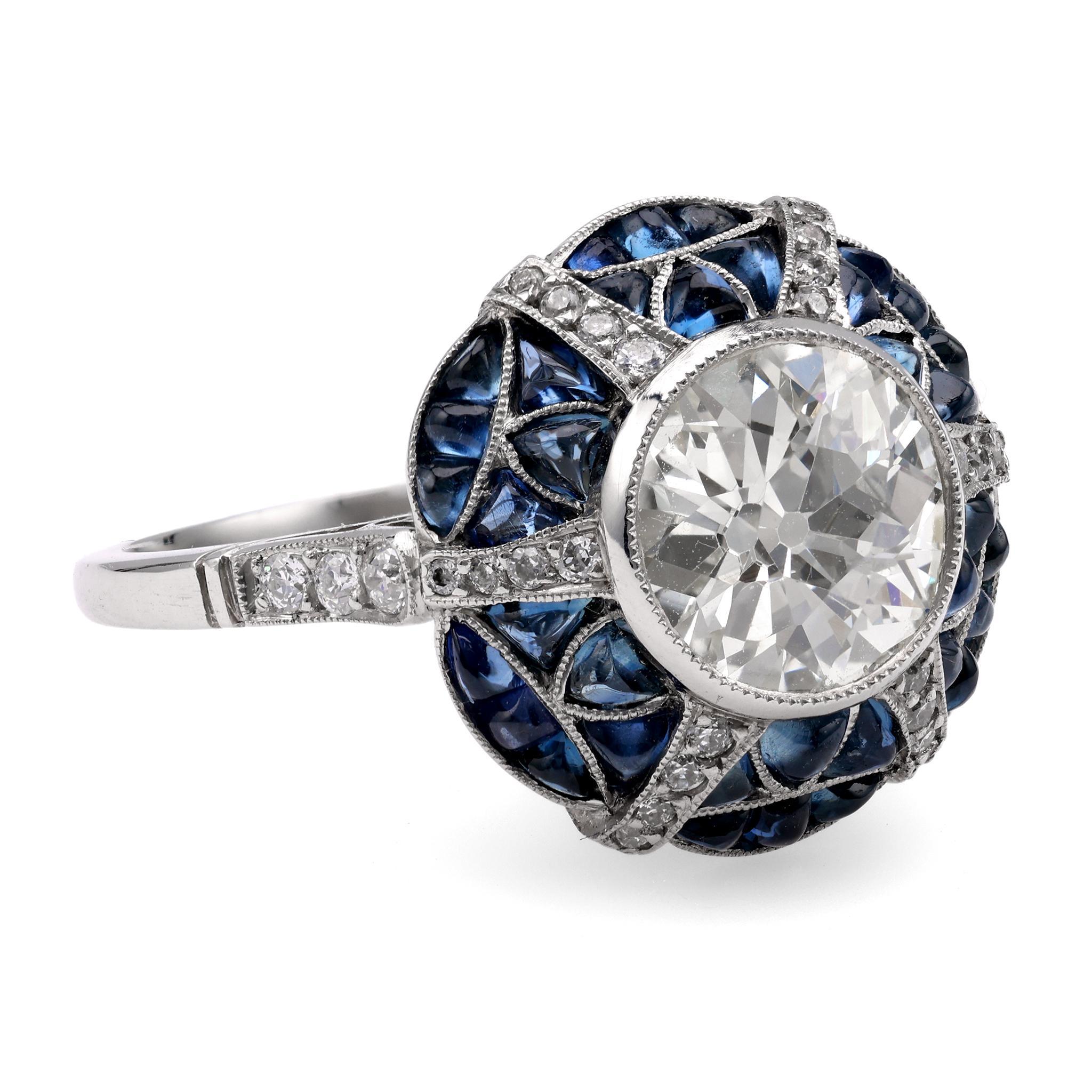 Old European Cut Art Deco Inspired 1.46 Carat Diamond Sapphire Platinum Target Ring For Sale