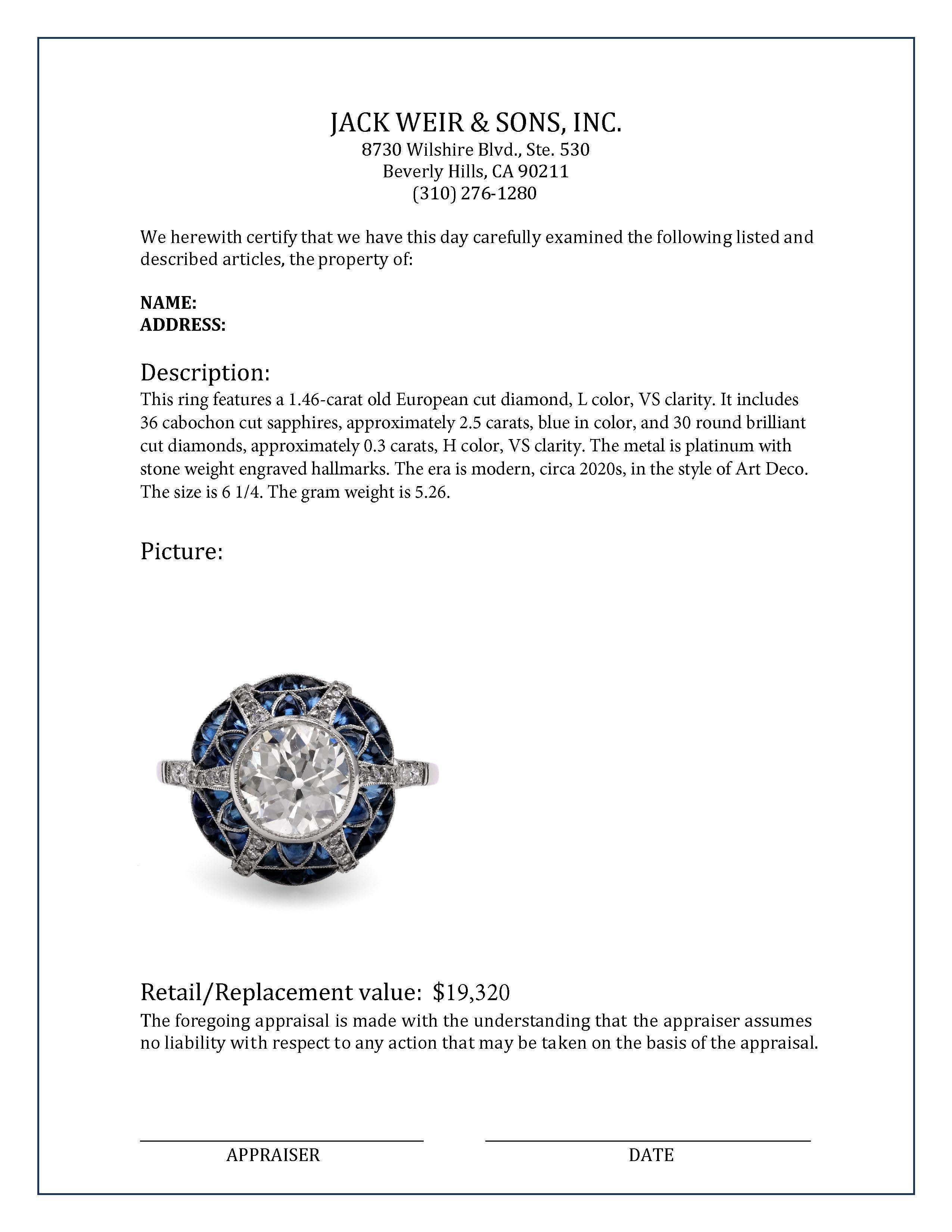 Art Deco Inspired 1.46 Carat Diamond Sapphire Platinum Target Ring In Excellent Condition For Sale In Beverly Hills, CA