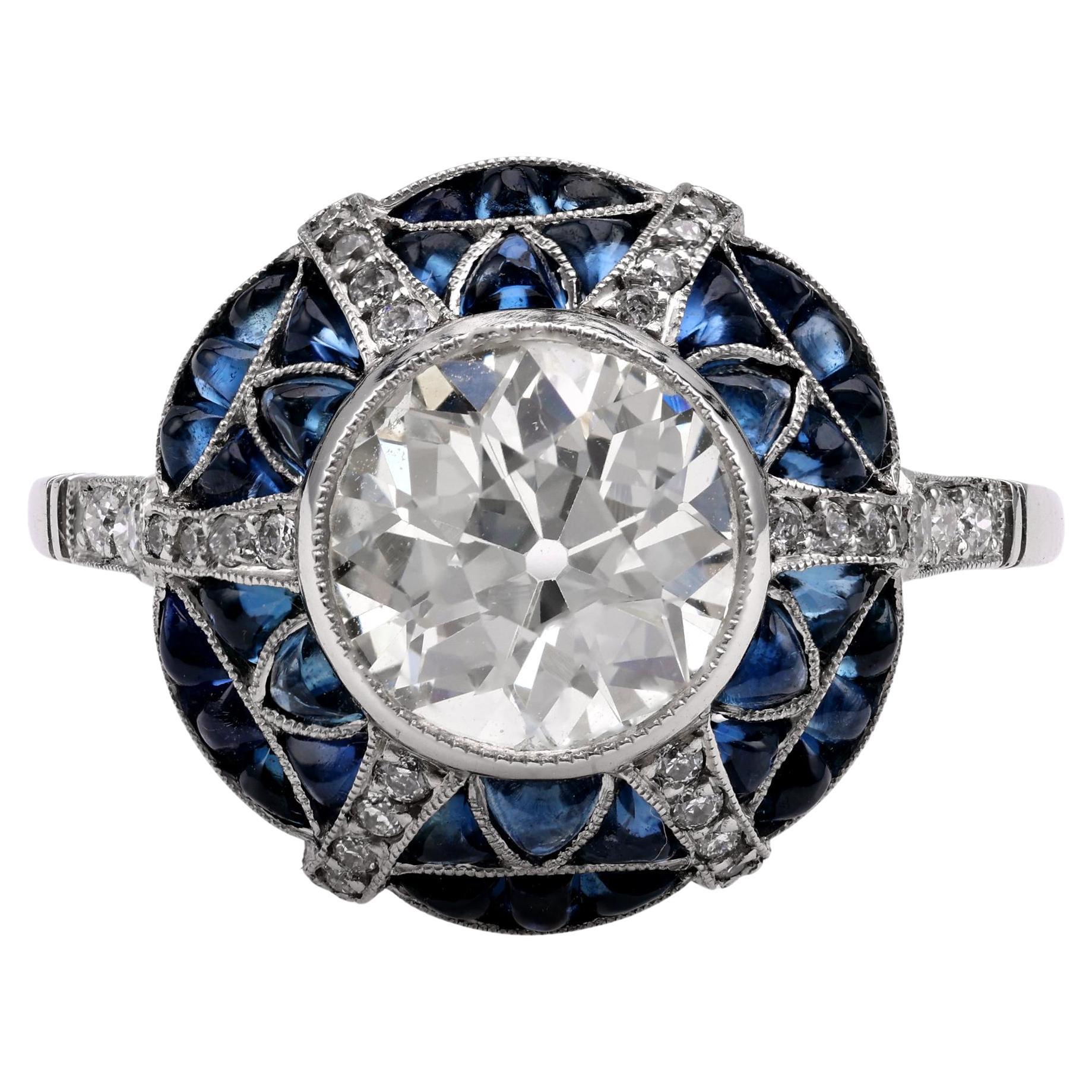 Art Deco Inspired 1.46 Carat Diamond Sapphire Platinum Target Ring For Sale
