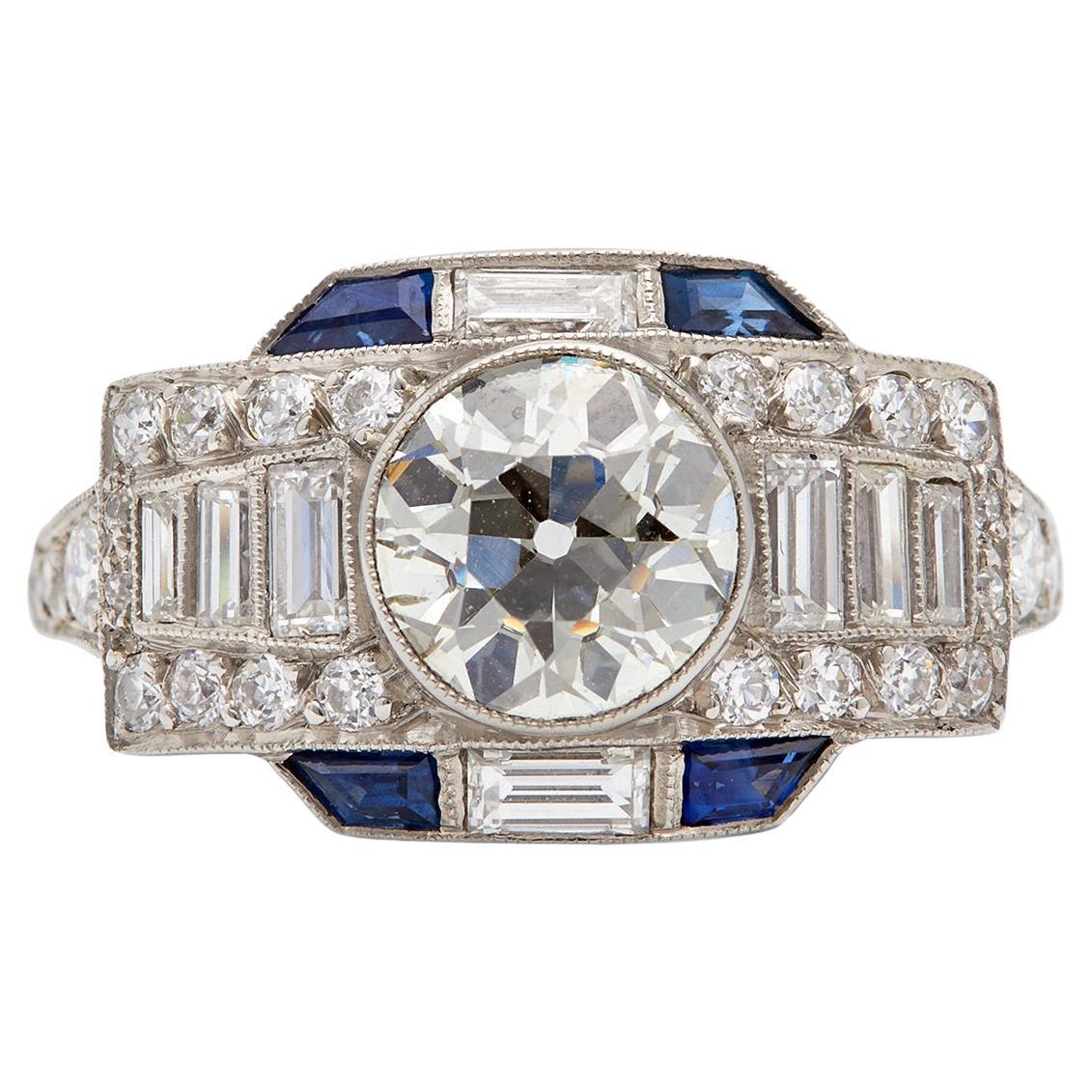 Art Deco Inspired 1.49 Carat Diamond and Sapphire Platinum Ring