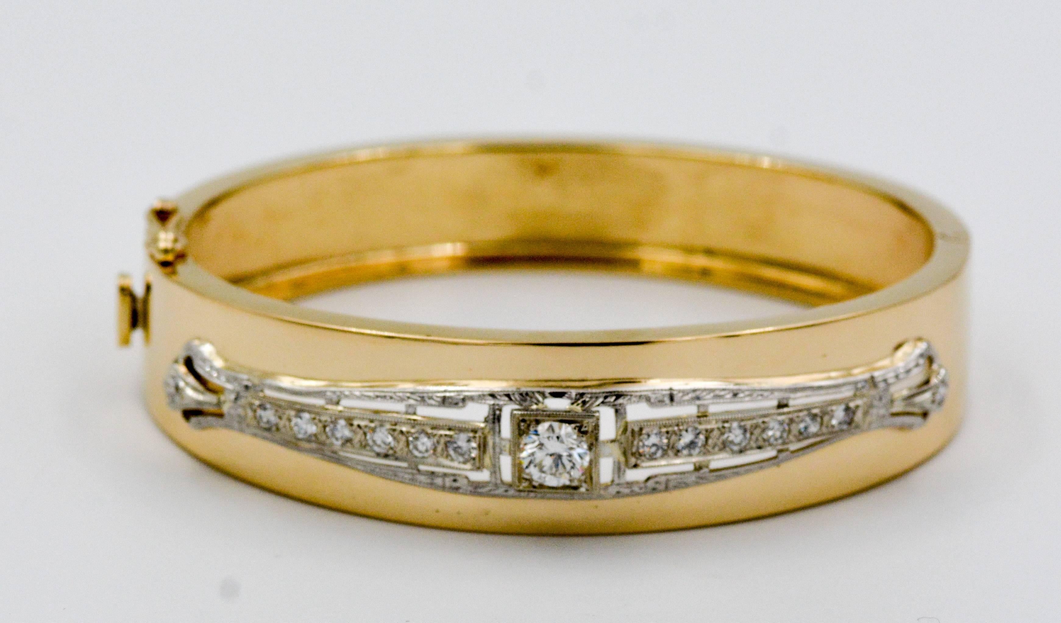 Brilliant Cut Art Deco Inspired 14 Karat White and Yellow Gold 1.0 Carat Diamond Bangle