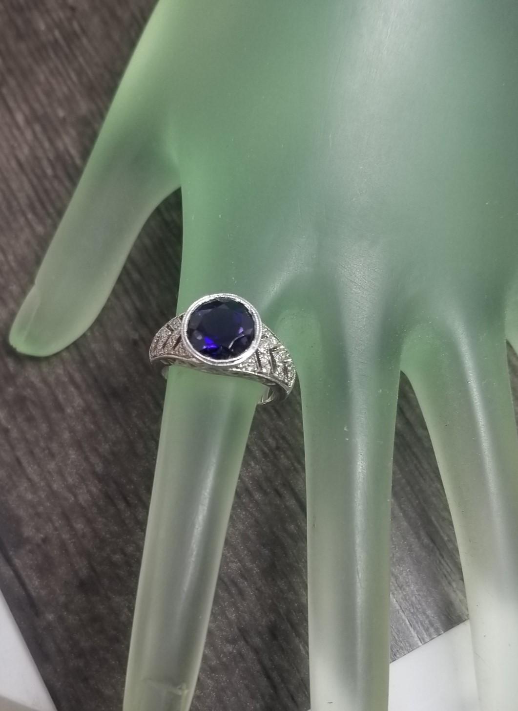 Art Deco Inspired 14k White Gold Iolite and Diamond Ring In New Condition For Sale In Los Angeles, CA