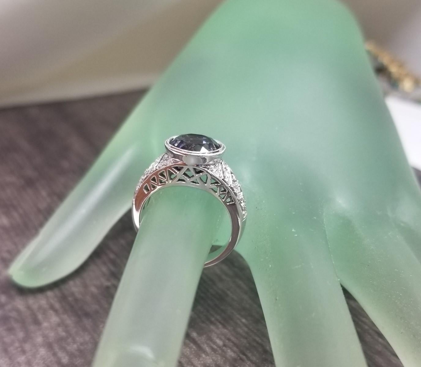 Women's Art Deco Inspired 14k White Gold Iolite and Diamond Ring For Sale