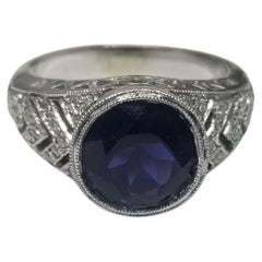 Art Deco Inspired 14k White Gold Iolite and Diamond Ring