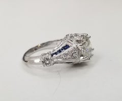 Art Deco Inspired 14k White Gold with Diamond & Sapphire 1.07 Euro Cut Diamond