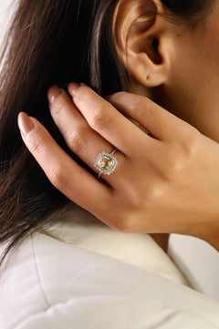 Art Deco inspiriert 14K Weißgold Gelb Saphir & Diamant Halo Ring für Frauen