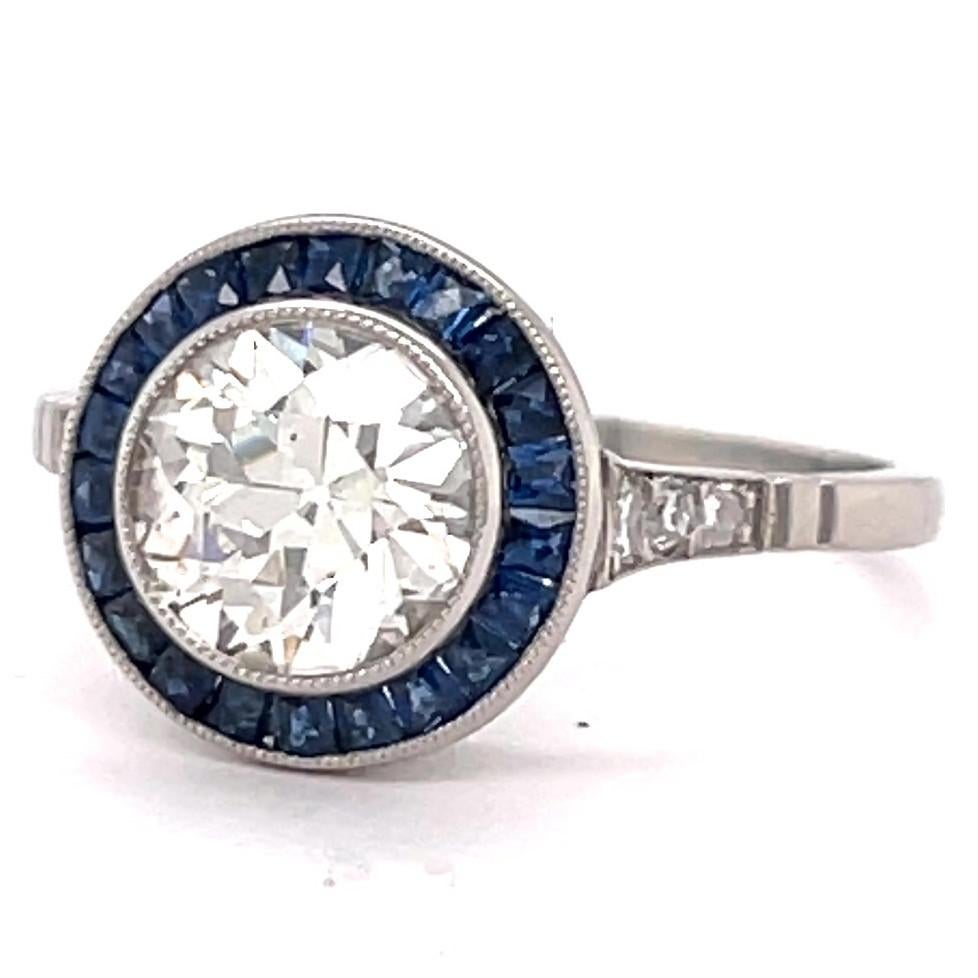 Women's or Men's Art Deco Inspired 1.50 Carat Old Euro Diamond Sapphire Platinum Engagement Ring