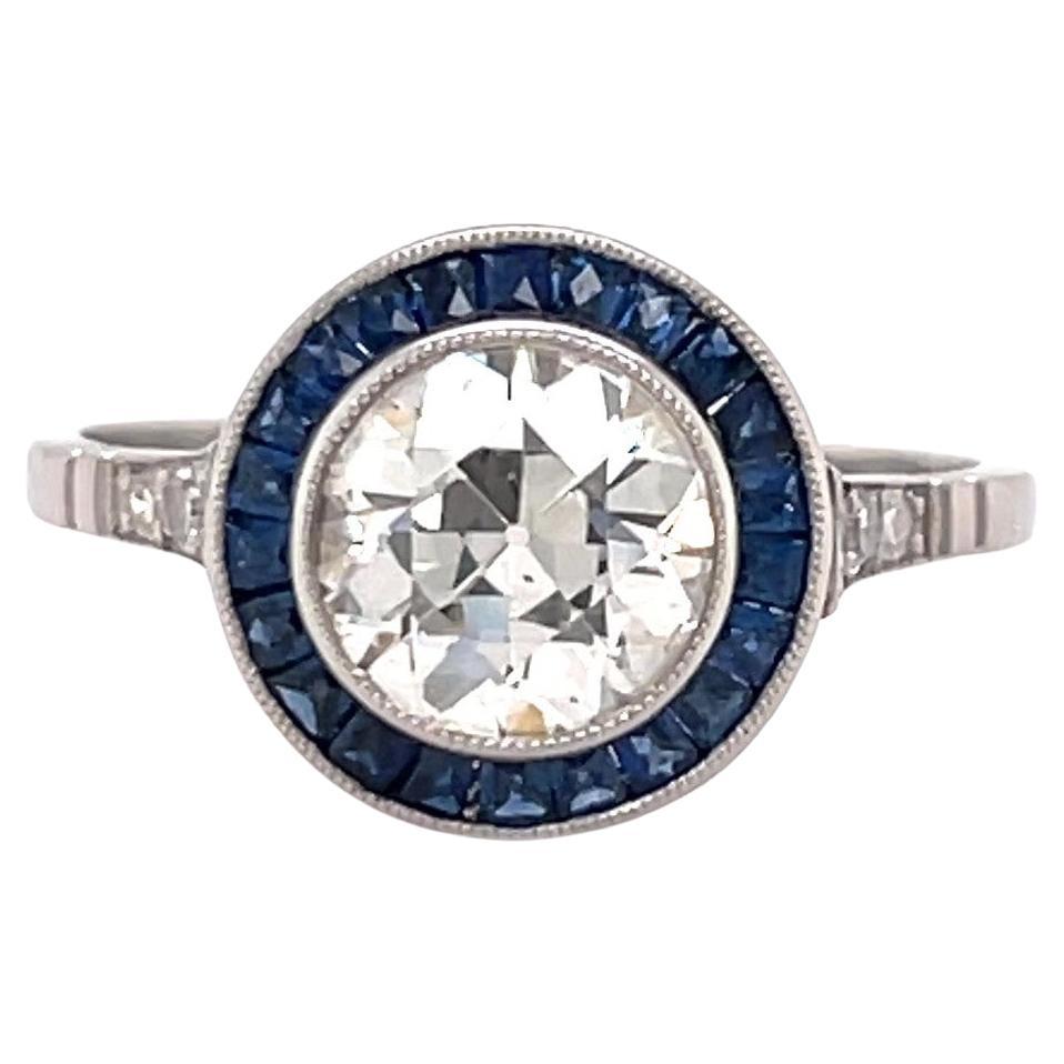 Art Deco Inspired 1.50 Carat Old Euro Diamond Sapphire Platinum Engagement Ring