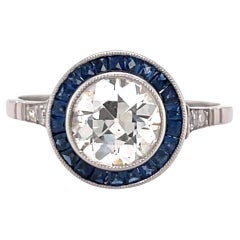 Art Deco Inspired 1.50 Carat Old Euro Diamond Sapphire Platinum Engagement Ring