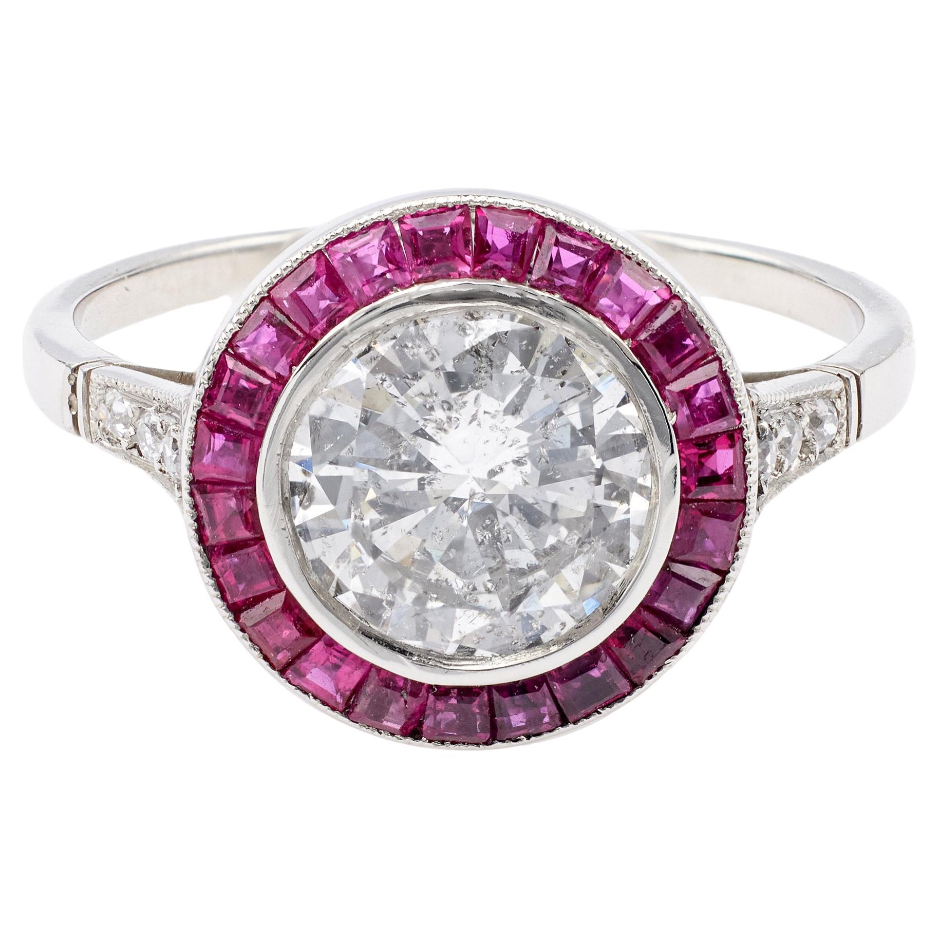 Art Deco Inspired 1.52 Carat Round Brilliant Cut Diamond Ruby Platinum Target Ri
