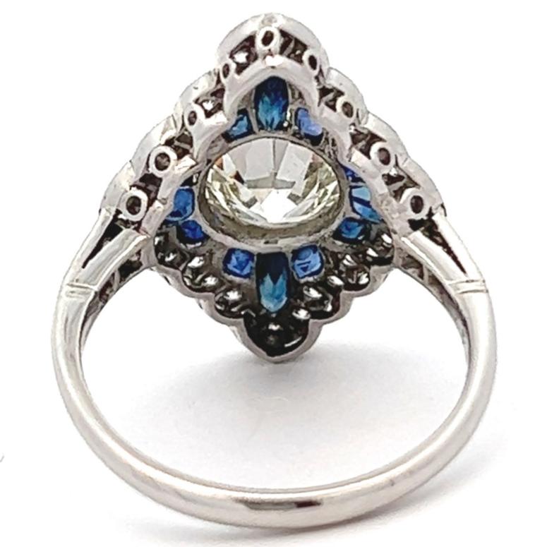 Art Deco Inspired 1.53 Carats Transitional Cut Diamond Sapphire Platinum Ring For Sale 1