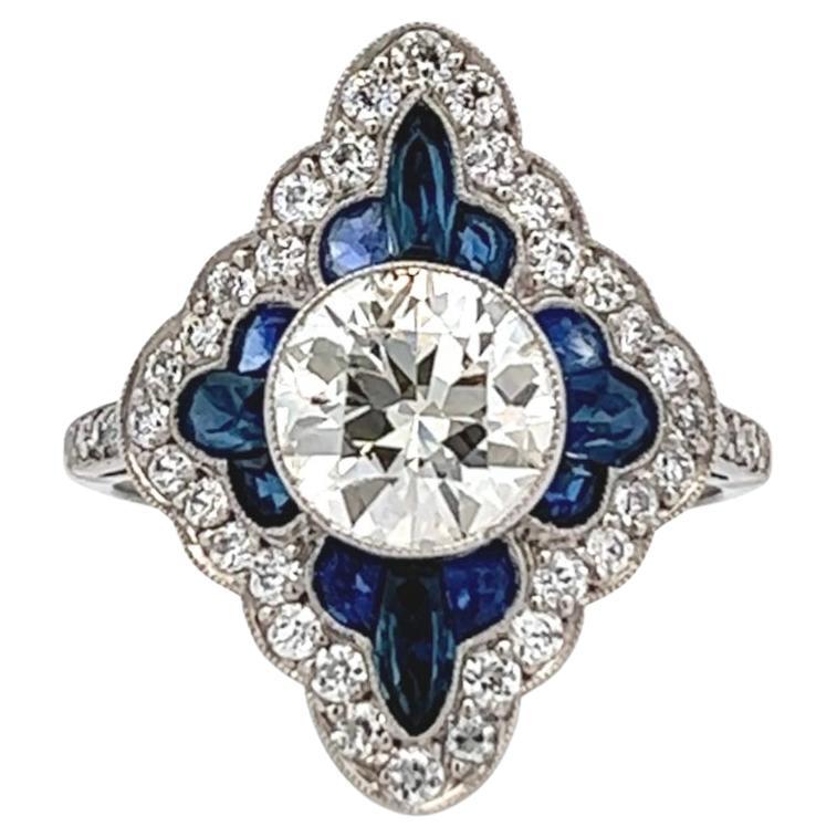Art Deco Inspired 1.53 Carats Transitional Cut Diamond Sapphire Platinum Ring For Sale