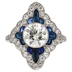 Art Deco Inspired 1.53 Carats Transitional Cut Diamond Sapphire Platinum Ring
