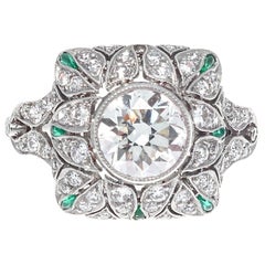 Art Deco Inspired 1.60 Old European Cut Diamond Emerald Platinum Ring