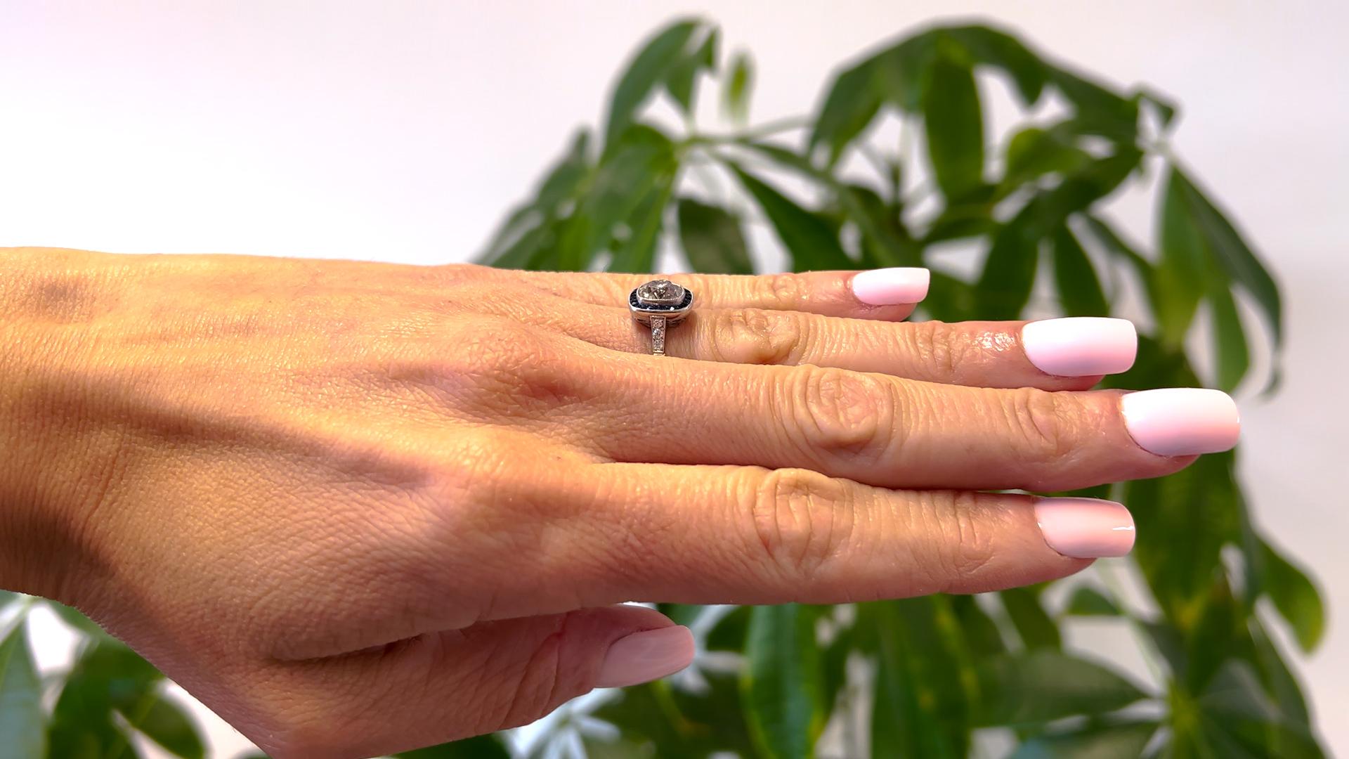 Women's or Men's Art Deco Inspired 1.62 Carat Old Mine Cut Diamond Sapphire Platinum Ring For Sale