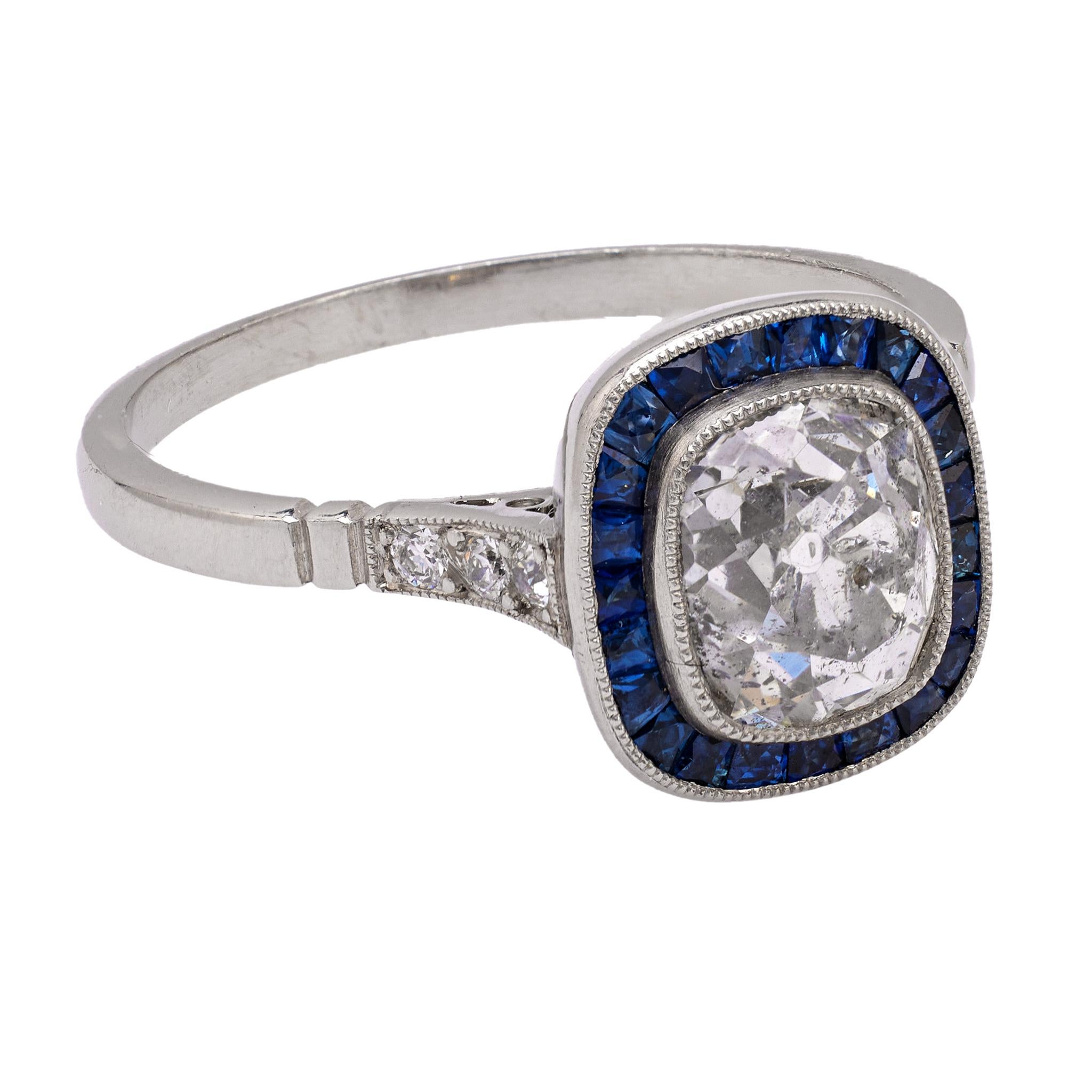 Art Deco Inspired 1.62 Carat Old Mine Cut Diamond Sapphire Platinum Ring For Sale 1