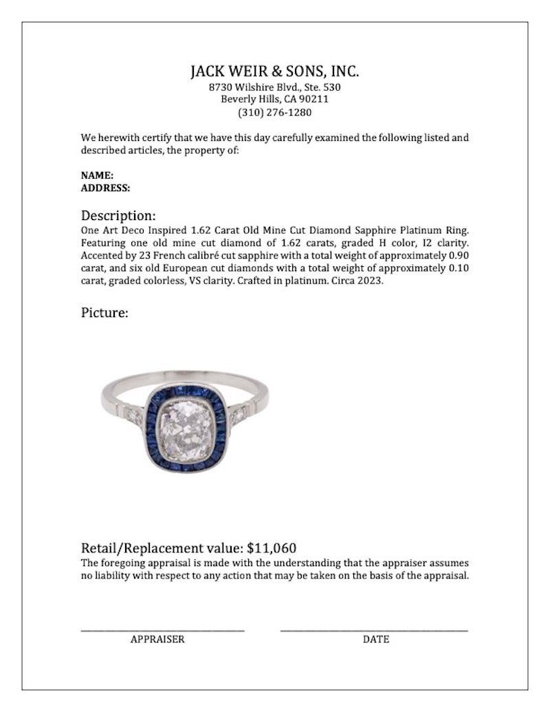 Art Deco Inspired 1.62 Carat Old Mine Cut Diamond Sapphire Platinum Ring For Sale 2