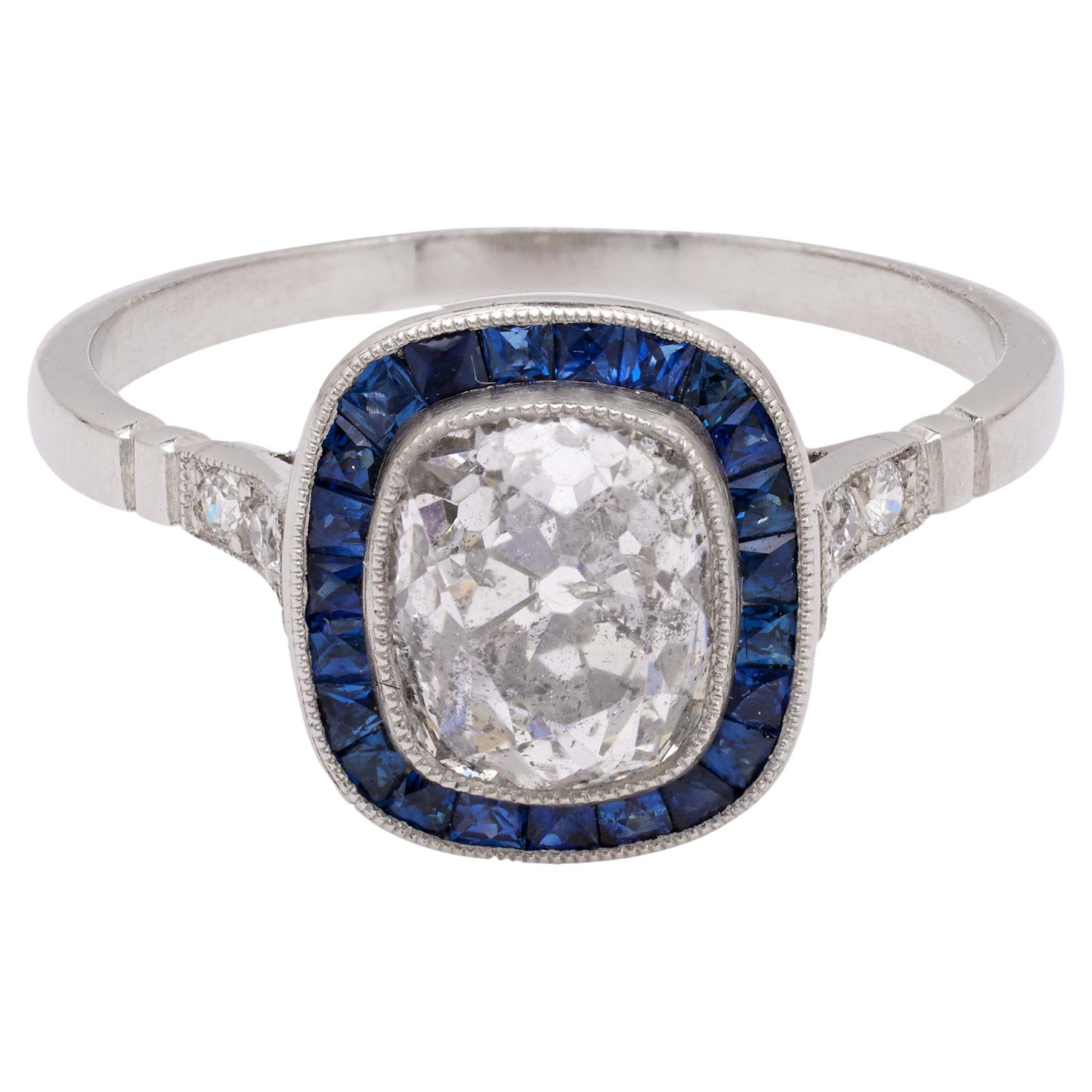 Art Deco Inspired 1.62 Carat Old Mine Cut Diamond Sapphire Platinum Ring For Sale