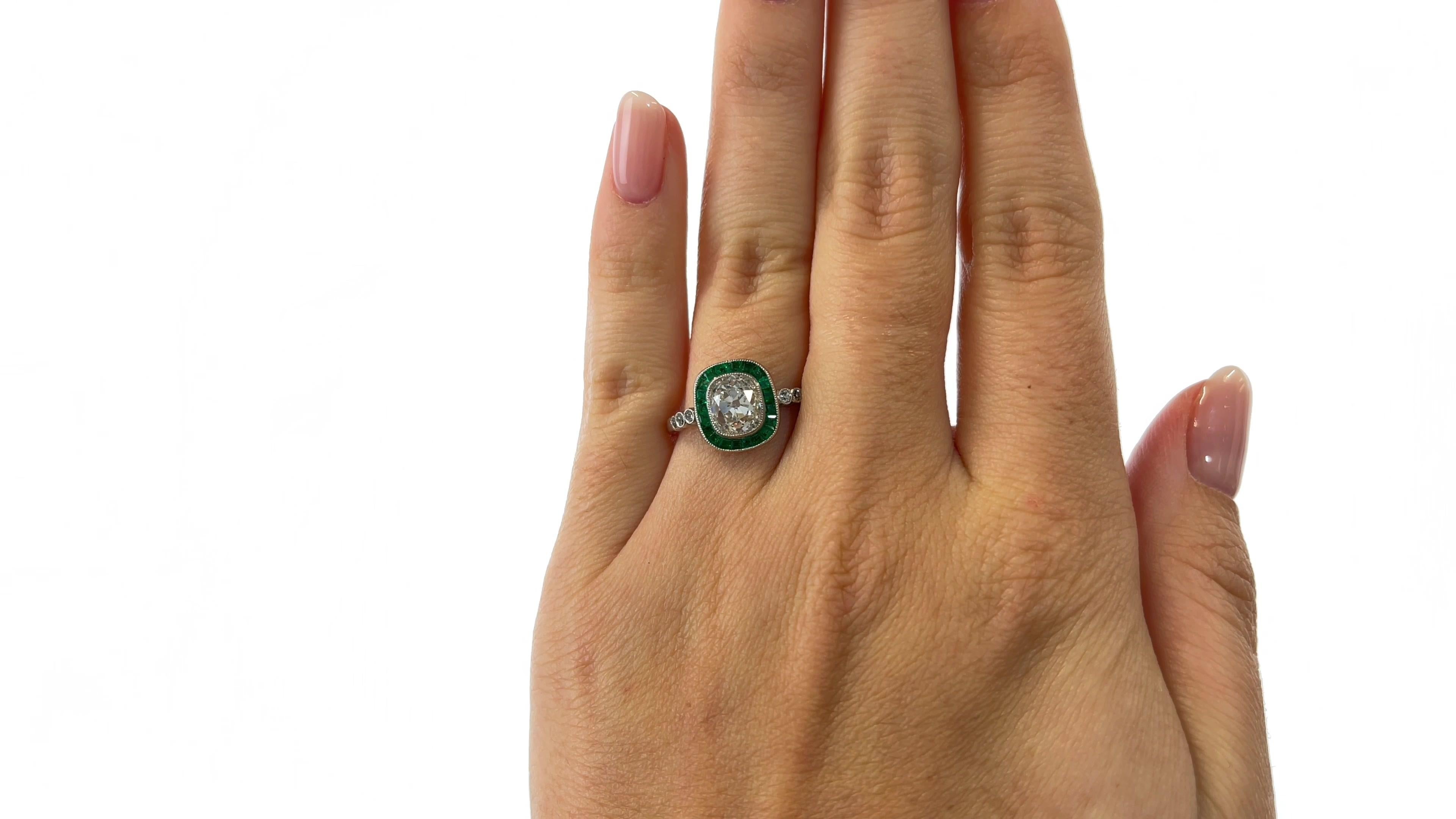 Old Mine Cut Art Deco Inspired 1.62 Carat Old Mine Diamond Emerald Platinum Engagement Ring