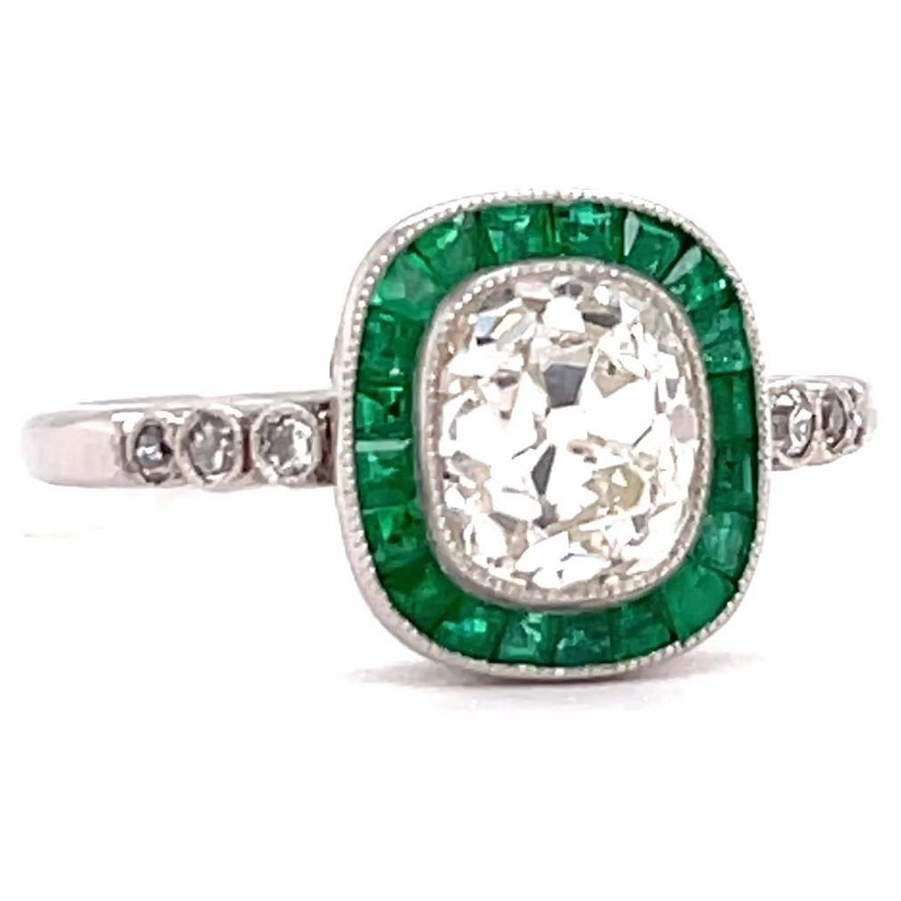 Art Deco Inspired 1.62 Carat Old Mine Diamond Emerald Platinum Engagement Ring In New Condition In Beverly Hills, CA