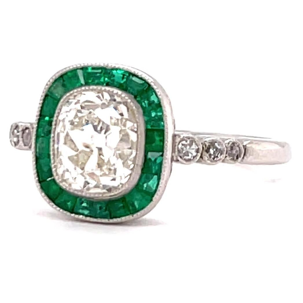 Women's or Men's Art Deco Inspired 1.62 Carat Old Mine Diamond Emerald Platinum Engagement Ring