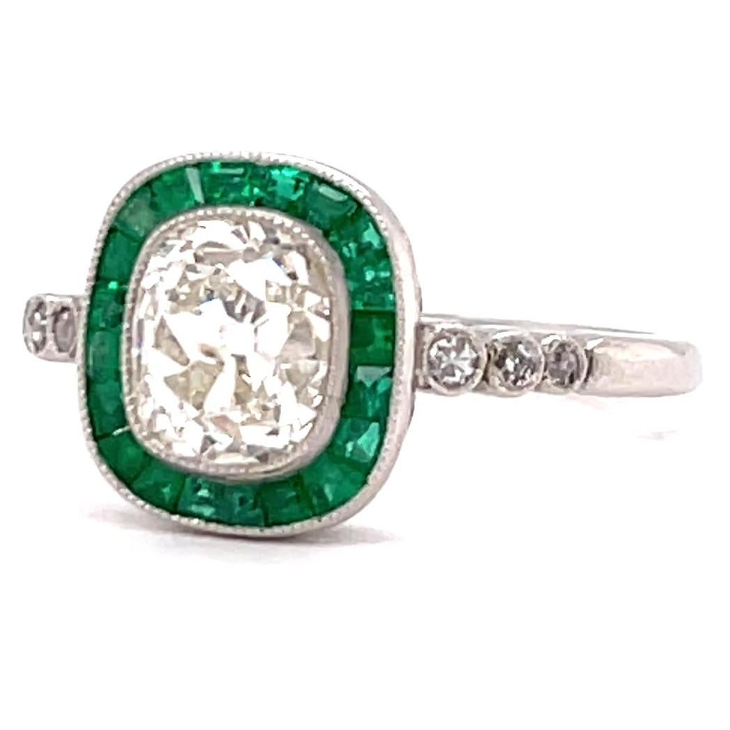 Verlobungsring, Art déco inspiriert 1,62 Karat Diamant im alten Minenschliff Smaragd Platin für Damen oder Herren