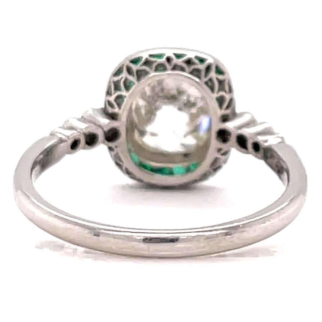 Art Deco Inspired 1.62 Carat Old Mine Diamond Emerald Platinum Engagement Ring 1