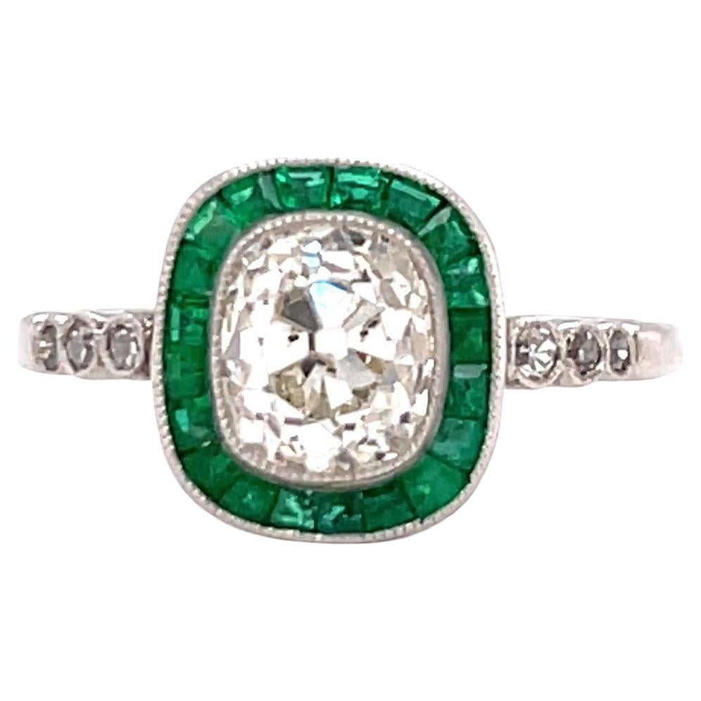 Art Deco Inspired 1.62 Carat Old Mine Diamond Emerald Platinum Engagement Ring
