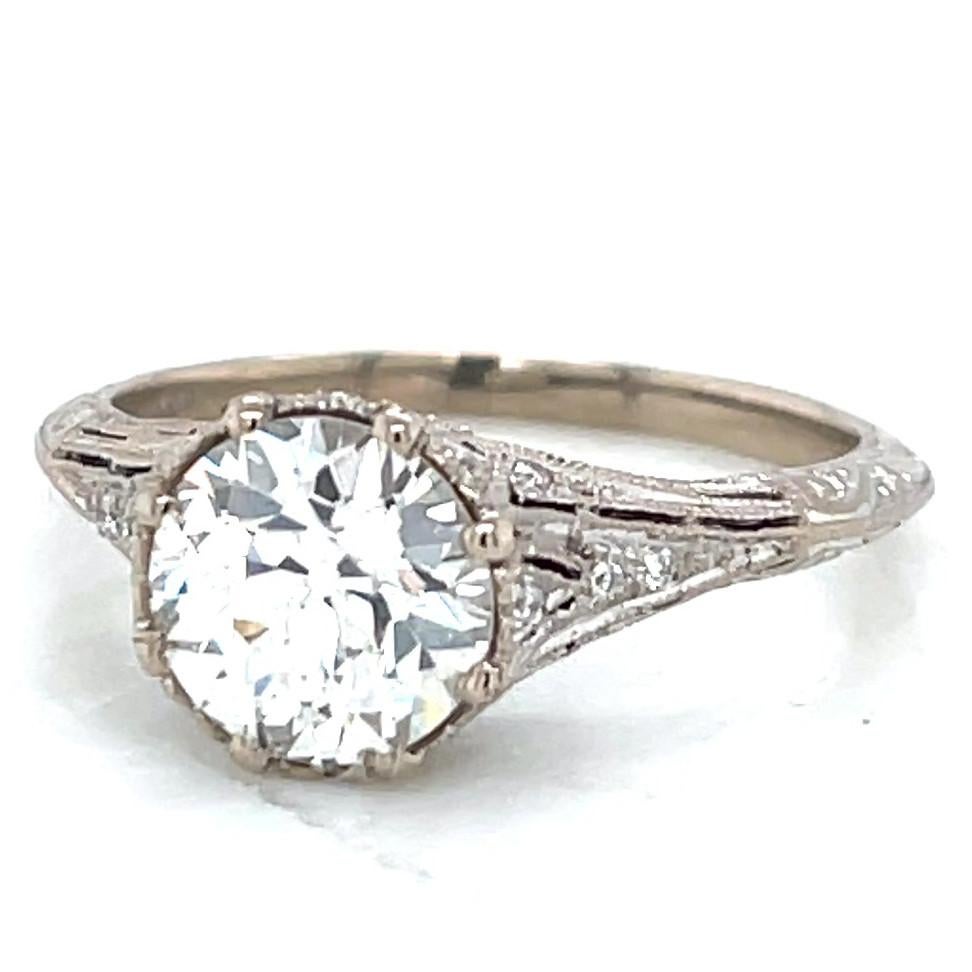 Women's or Men's Art Deco Inspired 1.65 Carat Old European Cut Diamond Platinum Engagement Ring