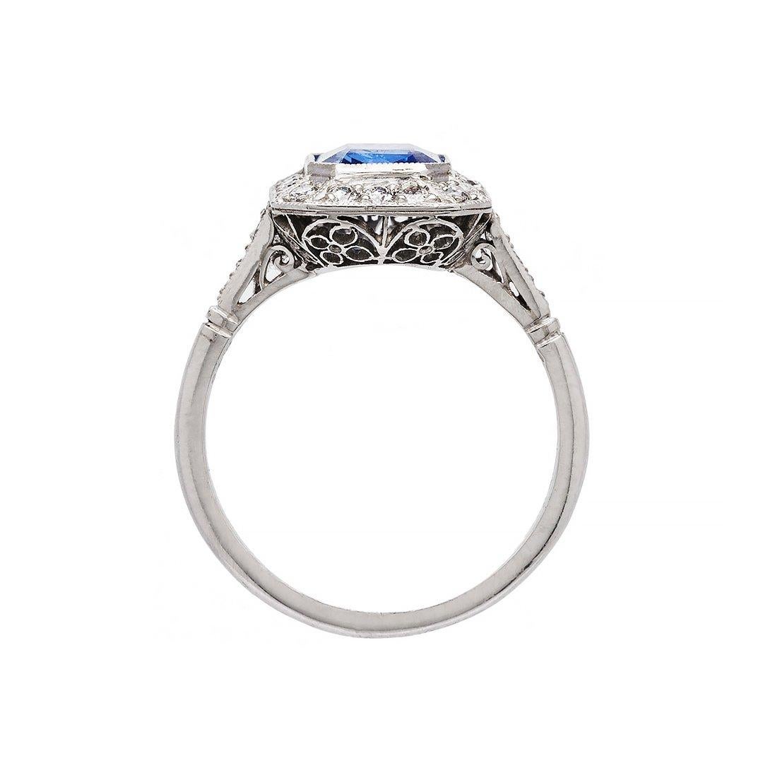 Art Deco Inspired 1.65 Carat Sapphire Diamond Platinum Ring In Excellent Condition In Beverly Hills, CA