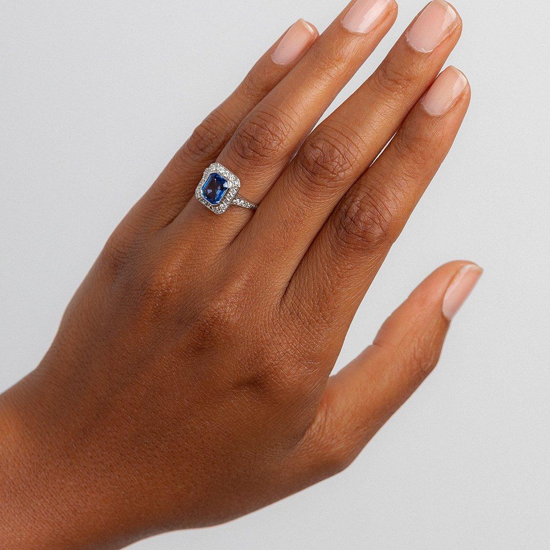 Women's Art Deco Inspired 1.65 Carat Sapphire Diamond Platinum Ring