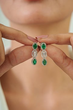 Art Deco Inspired 1.66ct Emerald & Baguette Diamond Drop Earrings 14K White Gold