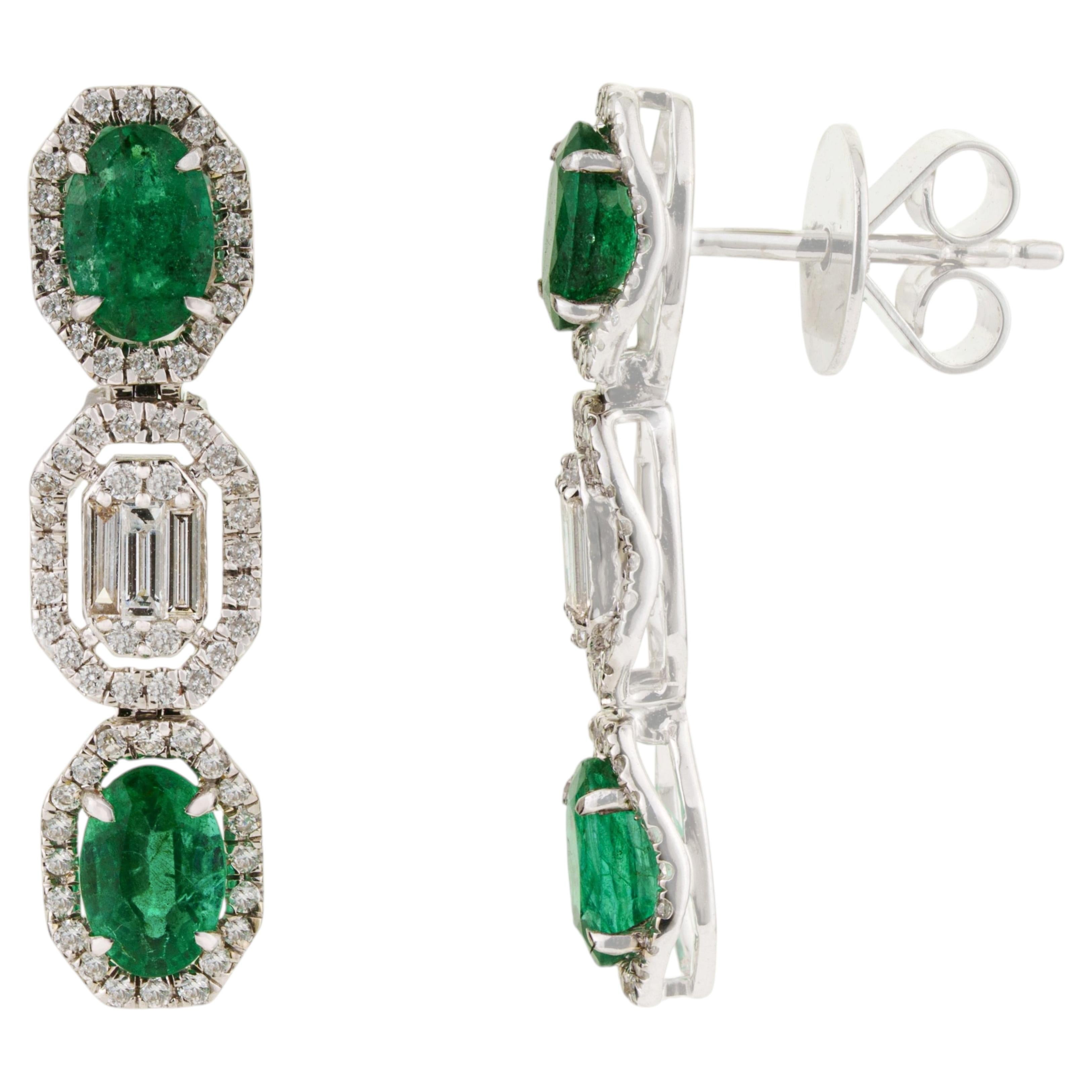 Art Deco Inspired 1.66ct Emerald & Baguette Diamond Drop Earrings 14K White Gold