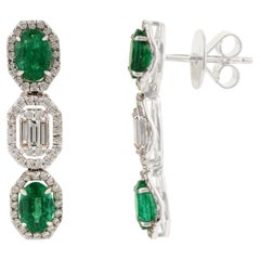 Art Deco Inspired 1.66ct Emerald & Baguette Diamond Drop Earrings 14K White Gold