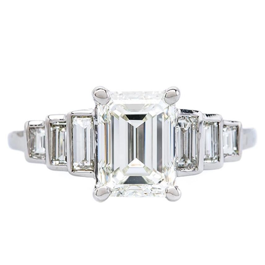 Art Deco Inspired 1.70 Carat Emerald Cut Diamond Platinum Engagement Ring