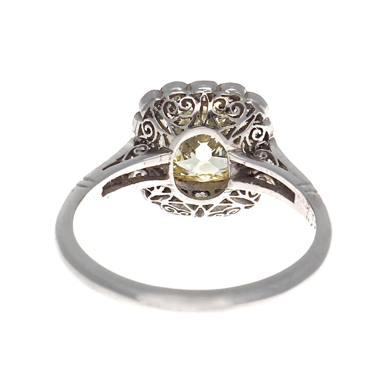 Art Deco Inspired 1.73 Ct. Old Mine Cut Light Yellow Diamond Platinum Ring 1