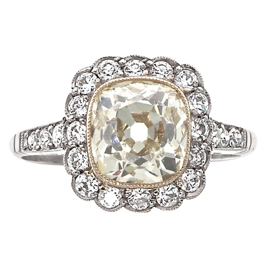 Art Deco Inspired 1.73 Ct. Old Mine Cut Light Yellow Diamond Platinum Ring