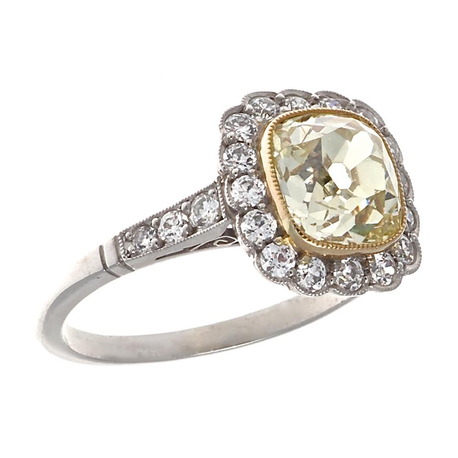 Art Deco Inspired 1.73 Ct. Old Mine Cut Light Yellow Diamond Platinum Ring In Excellent Condition In Beverly Hills, CA