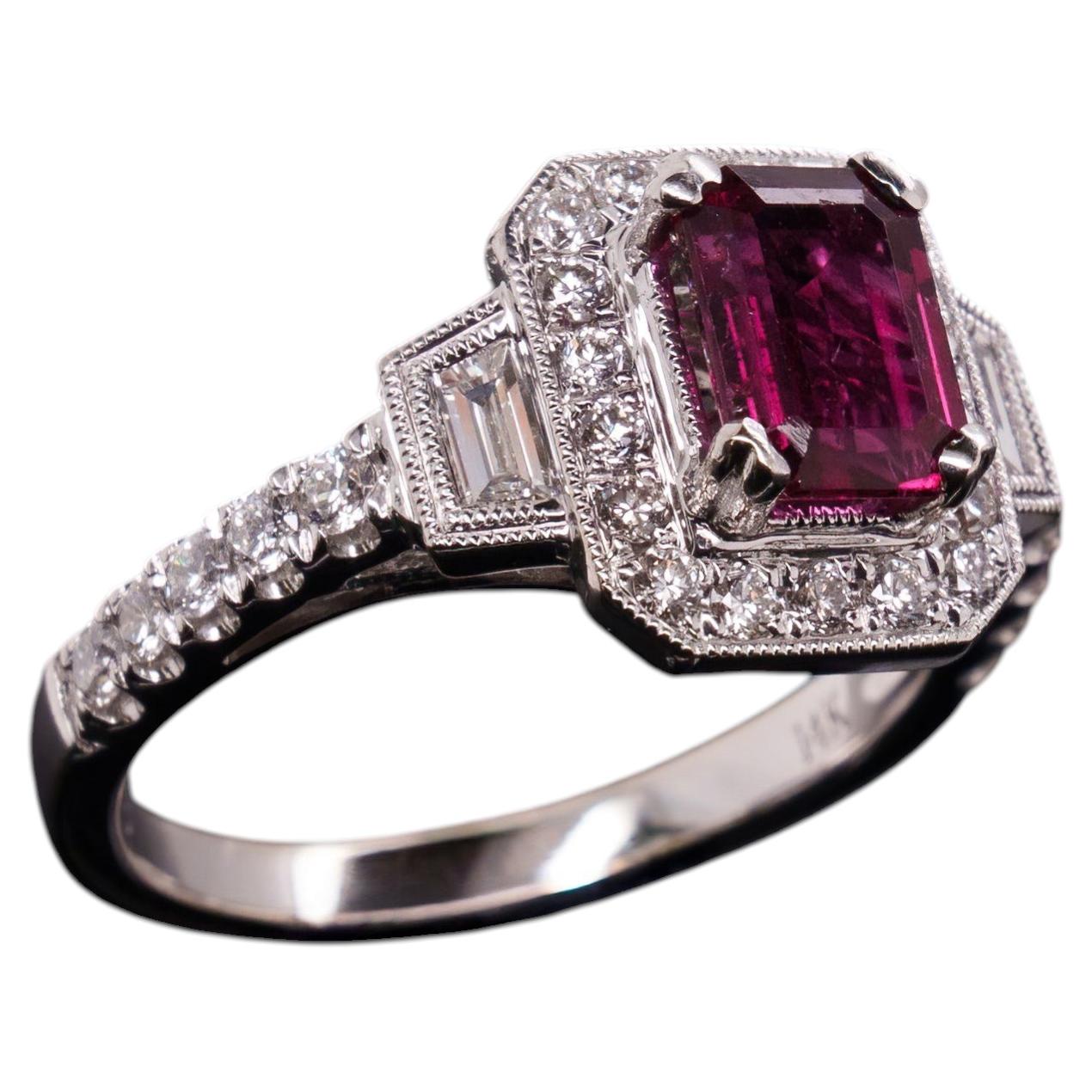 Cocktail Ring Art Deco-inspired 1.8 Carat Emerald-Cut Rubellite and Diamond Halo For Sale